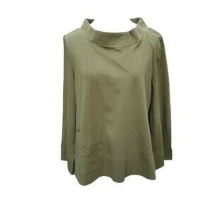 Habitat Olive Green Mock Neck Long Sleeve Top Pockets Relaxed Boxy Lagenlook S